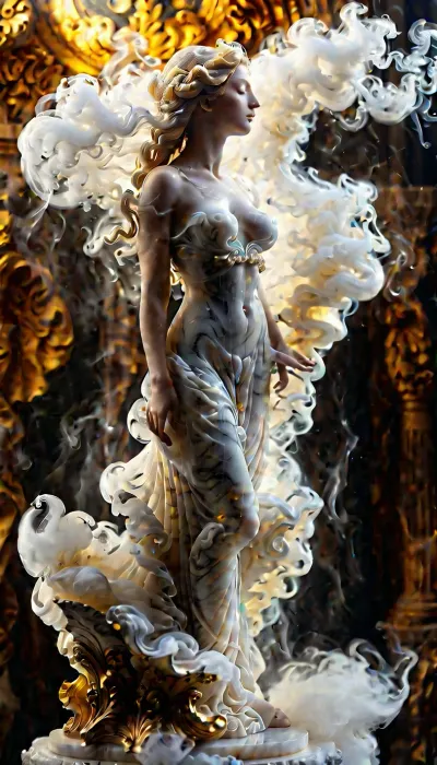 (masterpiece, best quality, ultra-detailed, cinematic lighting, 8k), upper body shot, (Ethereal marble Venus sculpture made of fog:1.2), stretching, myst, dissolved silhouette, curving hips and draped hair made of fog, translucent particles glowing with dawn light, volumetric atmosphere, detailed marble texture, artistic macro photography, shallow depth of field, minimalist composition, (pale gold and pearl color palette), dark ancient museum background, chiaroscuro, (sculpture made of fog:1.3), in the style of MarbleStatueXL, msfg, sm0k3dr3ss, <lora:fog_creatures_v4:.8>, <lora:Smoke_Shesh_Dress_XL:.8>, <lora:MJ52:.8>, <lora:MarbleStatueXL:.8>