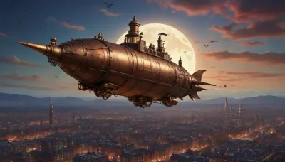 (steampunk entourage:1.7), a scene from a hand-drawn anime, (Masterpiece, best quality, high definition, ultra-detailed, highly detailed background), steampunk-style airship flying over the city in Victorian era style, evening, night, a moon in the sky, (view from long distance, view from afar:1.5), (bird's-eye view:1.6)
