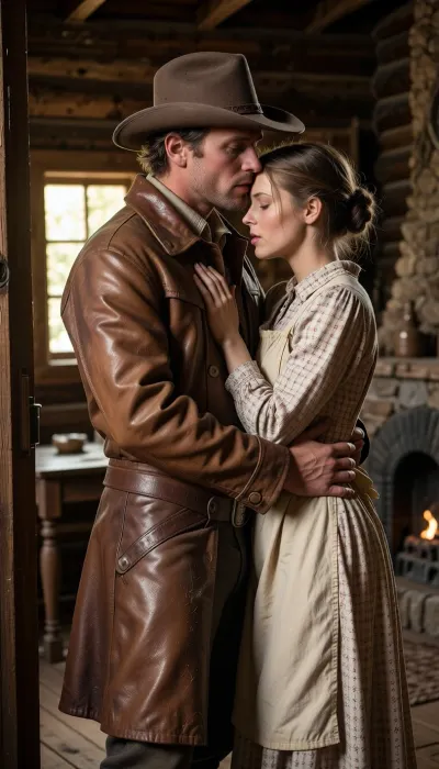 A cinematic, hyper-realistic photography capturing a heartwarming, emotional "Wild Wild West" scene. Close-medium framing focusing on a weathered pioneer man returning home, tenderly embracing his beautiful pioneer wife just inside the doorway of their rustic wooden cabin. The man, dusty from the trail, wears a classic rugged cowboy hat tilted back and an authentic, heavily weathered brown leather duster overcoat. This iconic frontier coat features a wide statement collar, realistic leather grain texture patinated with trail dust, and is completely buttoned up from the chest down, creating a classic Western silhouette that entirely covers his waist and hips under the heavy leather fabric. His strong arms are wrapped protectively around her. His wife, with her hair tied up in a simple period-accurate bun, wears a modest, long-sleeved calico pioneer dress with a cotton apron. Her hands, resting gently on his shoulders, are masterfully rendered with perfect anatomical precision, showcasing smooth skin, beautifully shaped delicate fingers, and highly detailed fingernails, completely free of any distortion or aesthetic flaws. The focus is tight on their genuine expressions of relief and love, their faces pressed close together, capturing the authentic texture of his sun-weathered skin and her soft complexion. The long leather coat completely conceals his entire waistline, ensuring a peaceful, weapon-free civilian attire. The background shows the warm, dim interior of the log cabin, with crystal-clear golden sunlight streaming through a small window, illuminating the space and revealing a simple wooden table and a stone hearth in a soft bokeh. High-contrast cinematic lighting, shallow depth of field, warm color palette, captured on 50mm lens, photorealistic, 8k, masterfully composed, emotional depth.