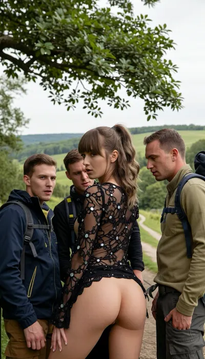 A full body shot is taken of a androgyne woman teasing a group of men outdoors. She is positioned in the center of the 3 men, with her ass in front of camera. her head turned towards the camera. She has a stuborn look, with her eyes looking directly at the viewer. Her short hair is light brown wavy hair With bangs and pulled up loosely., (Androgyne body shape:2), (long thin legs:2), (flat ass:1), slightly light skin. She is wearing a revealing black outfit with intricate cut-out patterns, adorned with small, shimmering embellishments that catch the light. Her outfit reveals side of her body. The fabric appears to be a delicate lace or net. Her hands have Dynamic pose in front of her.

3 hike men ready for a long hike are standing next to her. They are looking at her. They want to Fuck her and ejaculate in her Pussy.

The background is a lush, green landscape with rolling hills. In the immediate foreground, to the left, is the branch of a large tree with abundant green leaves, partially obscuring the upper left portion of the image. To the right, a dirt path winds upwards. The sky is overcast with a pale grey hue, suggesting a cloudy day. The colors in the image are predominantly natural greens and browns of the landscape, contrasted with the dark black of the woman's attire and the pale, muted tones of the sky. The composition places the woman as the clear focal point, with the natural environment serving as a soft, diffused backdrop. The lighting is even, with no harsh shadows, contributing to the overall soft and inviting feel of the image.