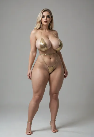 huge fake breasts, large thighs, wide hips, Physical attractiveness, often associated with blonde hair, very exaggerated curvaceous figure, heavy makeup, and revealing clothing. full body image