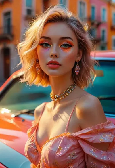 (Dark Fantasy Artwork), side-lit. low-angle, 90s aesthetic PopArt illutration, a shy belle woman, she has a pretty shy faded face, elaborate hairstyle, detailed crystal eyes, light glowing irises, heartshaped lips, lip gloss, aroused skin, pastel buildings, retro car, pastel colors, vibrant colors, pink sunglasses, choker, orange short dress, pink high heel boots, fashionable, posing, confident expression, colorful, fashion shoot, fashion model, sunny weather, long shadows, vibrant mood, detailed photo, photorealistic photo, distorted perspective, night vision, soft fokus, double exposure, parallax, handsign to viewer. /KlTTY-ART/, <lora:COMFYUI_mimic_landscape_-_XL_SDXL v2.0:.7>, <lora:attractive_notrigger:.8>, <lora:PerfectEyesXL:.6>, <lora:MJ52:1>