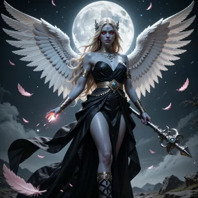 A divine angelic female figure with pale blue skin and long flowing blonde hair adorned with intricate silver jewelry and red glowing eyes. She wears a flowing, black Grecian-style gown with a golden belt and golden armbands. Her left hand is outstretched, glowing faintly, while her right hand holds a detailed silver mace. She possesses large, feathered white wings spread wide. She wears tall, strappy black sandals.

A night sky, dominated by a massive, detailed full moon. Several delicate pink feathers are depicted drifting in the air around her.

High-fantasy digital photography. The photorealistic style evokes epic fantasy with elements of classical sculpture and divine imagery. The color palette is dominated by the shimmering black of the gown, contrasted with the cool blue of the skin and the pristine white of the wings, against a muted, atmospheric background.

Soft, diffused light emanates from above and slightly to the front, highlighting the subject's features and the textures of her wings and gown. Subtle rim lighting defines her form against the darker background. The light catches the metallic elements of her accessories and the feathers, creating a luminous, otherworldly glow.

A dramatic, slightly low-angle shot that emphasizes the grandeur of the angelic figure. The subject is centrally framed, with her expansive wings filling a significant portion of the upper frame. The composition uses leading lines from the flowing fabric and the angle of the wings to draw the viewer's eye towards her. The depth of field is shallow, with the foreground subject in sharp focus and the background elements softly blurred.