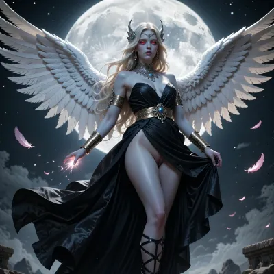 A divine angelic female figure with pale blue skin and long flowing blonde hair adorned with intricate silver jewelry and red glowing eyes. She wears a flowing, black Grecian-style gown with a golden belt and golden armbands. Her left hand is outstretched, glowing faintly, while her right hand is lifting up the front of the dress. Her blonde pubic hair, and detailed labia are visible, She possesses large, feathered white wings spread wide. She wears tall, strappy black sandals.

A night sky, dominated by a massive, detailed full moon. Several delicate pink feathers are depicted drifting in the air around her.

High-fantasy digital photography. The photorealistic style evokes epic fantasy with elements of classical sculpture and divine imagery. The color palette is dominated by the shimmering black of the gown, contrasted with the cool blue of the skin and the pristine white of the wings, against a muted, atmospheric background.

Soft, diffused light emanates from above and slightly to the front, highlighting the subject's features and the textures of her wings and gown. Subtle rim lighting defines her form against the darker background. The light catches the metallic elements of her accessories and the feathers, creating a luminous, otherworldly glow.

A dramatic, slightly low-angle shot that emphasizes the grandeur of the angelic figure. The subject is centrally framed, with her expansive wings filling a significant portion of the upper frame. The composition uses leading lines from the flowing fabric and the angle of the wings to draw the viewer's eye towards her. The depth of field is shallow, with the foreground subject in sharp focus and the background elements softly blurred.