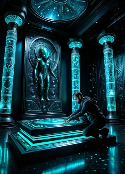 (Masterpiece:1.3), (Photorealistic:1.4), (Cinematic:1.3), ., (Astroarchaeologist:1.4), kneeling before a, (enormous and intricate alien holographic console:1.5), embedded in a wall of, (luminous etched obsidian:1.2), . The astroarchaeologist, (delicately touches glowing liquid metal glyphs:1.4), floating centimeters above the surface., (Ancient alien record room:1.3), with, (non-Euclidean geometry:1.2), and, (gigantic pillars of crystalline data:1.3), reaching into the shadows., (Bioluminescent turquoise energy:1.2), flowing through conduits in the floor., (Intense concentration:1.2), in the archaeologist's gloved hand and the, (reactivated alien technology:1.3), . Dramatic side lighting, (drift stardust:1.1), hyper-detailed mechanical parts, 8k, (Unreal Engine 5 style:1.2), macro detail, sharp focus.