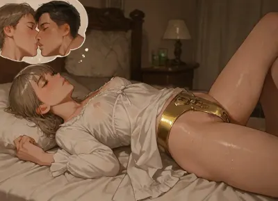 high quality, photorealistic, 19th century bedroom, solo woman, small breasts, erect nipples, wearing white victorian nightshirt, (pubic hair:1.3), (brass chastity belt with padlock), lying on bed, head on pillow, (), (huge amounts of clear juices leaking:1.3), (dreaming about male face), (imagining handsome man kissing her), (sweaten:1.3), orgasming, full body