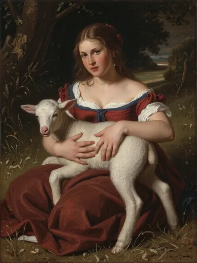 An oil portrait depicting a 25-year-old shepherdess sitting in a field, holding a small lamb in her arms. Her hands are hidden beneath the animal’s fleece. Classic style, chiaroscuro, warm earthy tones, visible brushstrokes, a high degree of detail, dramatic and expressive lighting — a museum-quality masterpiece.