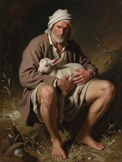 An oil painting portrait of an old shepherd sitting on the field, embracing a small lamb. Classical art style, chiaroscuro, warm earthy tones, visible brushstrokes, highly detailed, dramatic and emotional lighting, museum masterpiece.