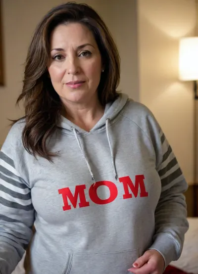 plump brunette 50 years old woman, gray stripes on hair, in dim lit room, wearing college hoodie with letters "MOM", opening the hoodie and showing her tits, ready for secret sex, (big saggy tits)