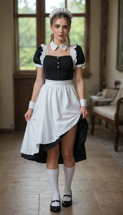 Beautiful young woman, elegant European features, fair porcelain skin, oval face, high cheekbones, soft jawline, delicate straight nose, full natural lips with a subtle smile, light blue-grey eyes, long eyelashes, thin well-groomed eyebrows, ((blonde hair)), with warm golden tones, center-parted hairstyle, loose strands framing the face, hair gathered into a neat low updo. Sophisticated and graceful appearance, refined feminine features, photorealistic skin texture, natural makeup, soft blush, subtle pink lipstick., (Wearing a classic black maid uniform), with a crisp white apron, white collar, short sleeves with white cuffs, (((traditional white maid headpiece 1.6))), . Holding a feather duster. Standing in a luxurious vintage hotel corridor with polished wooden panels, antique furniture, warm ambient lighting, cinematic atmosphere.
Medium portrait shot, direct eye contact, relaxed posture, confident gentle expression. Ultra-realistic photography, shallow depth of field, soft natural lighting from large windows, highly detailed face, realistic hair strands, professional portrait, 85mm lens, bokeh background, masterpiece, ultra detailed, photorealistic, HDR, 8k., ((Standing full length in white long socks with black shoes 1.7)), and a, (((lifted dress 1.8))), ((Holds the front of the dress with her hand)), (((We see her white panties, the panties have come down 1.9)))