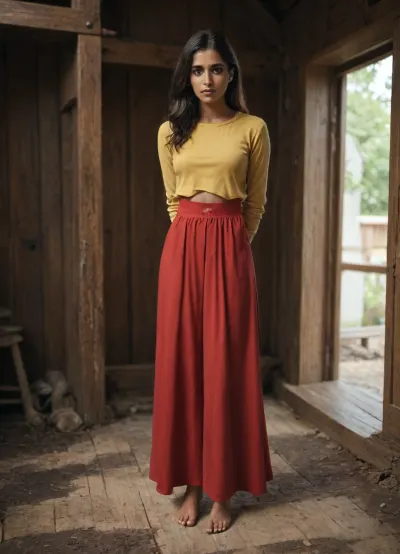 indian girl, (Black skin:1.5), slim, skinny, ((yellow shirt, long sleeve)), ((red long skirt)), hands behind body, shy, standing in front of a old wood house, bare feet, dirt floor