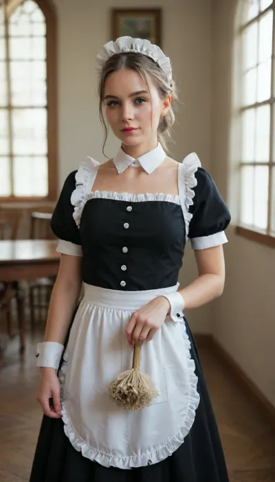 Beautiful young woman, elegant European features, fair porcelain skin, oval face, high cheekbones, soft jawline, delicate straight nose, full natural lips with a subtle smile, light blue-grey eyes, long eyelashes, thin well-groomed eyebrows, ((blonde hair)), with warm golden tones, center-parted hairstyle, loose strands framing the face, hair gathered into a neat low updo. Sophisticated and graceful appearance, refined feminine features, photorealistic skin texture, natural makeup, soft blush, subtle pink lipstick., (Wearing a classic black maid uniform), with a crisp white apron, white collar, short sleeves with white cuffs, (((traditional white maid headpiece 1.6))), . Holding a feather duster. Standing in a luxurious vintage hotel corridor with polished wooden panels, antique furniture, warm ambient lighting, cinematic atmosphere.
Medium portrait shot, direct eye contact, relaxed posture, confident gentle expression. Ultra-realistic photography, shallow depth of field, soft natural lighting from large windows, highly detailed face, realistic hair strands, professional portrait, 85mm lens, bokeh background, masterpiece, ultra detailed, photorealistic, HDR, 8k. Standing full length in white long socks with black shoes and a, (((lifted dress 1.8))), ., (((We see her white panties, the panties have come down 1.9)))