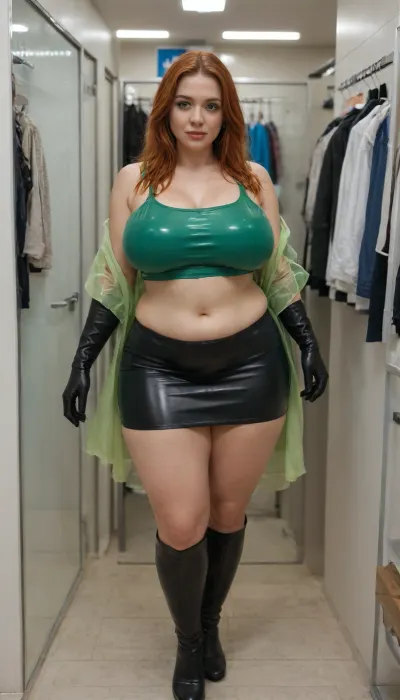 A 23-year-old very fat woman with huge breasts, a thick belly, a wide behind, and thick thighs that rub together. She has long red hair. She is wearing a tight-fitting brown leather miniskirt and a brown leather top. Her fat belly is bare. Her belly spills over the top hem of the skirt. Her breasts are almost bursting out of the top. She wears black thigh-high latex boots and black upper-arm-length latex gloves. She also wears a green transparent PVC raincoat. In a clothing store, in the fitting room