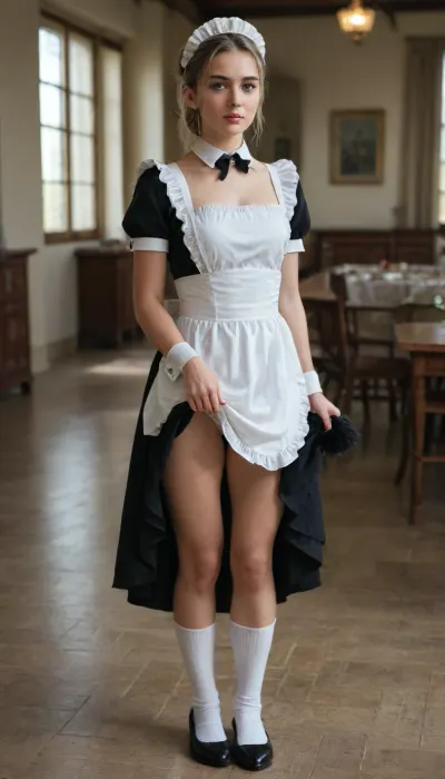 Beautiful young woman, elegant European features, fair porcelain skin, oval face, high cheekbones, soft jawline, delicate straight nose, full natural lips with a subtle smile, light blue-grey eyes, long eyelashes, thin well-groomed eyebrows, ((blonde hair)), with warm golden tones, center-parted hairstyle, loose strands framing the face, hair gathered into a neat low updo. Sophisticated and graceful appearance, refined feminine features, photorealistic skin texture, natural makeup, soft blush, subtle pink lipstick., (Wearing a classic black maid uniform), with a crisp white apron, white collar, short sleeves with white cuffs, (((traditional white maid headpiece 1.6))), . Holding a feather duster. Standing in a luxurious vintage hotel corridor with polished wooden panels, antique furniture, warm ambient lighting, cinematic atmosphere.
Medium portrait shot, direct eye contact, relaxed posture, confident gentle expression. Ultra-realistic photography, shallow depth of field, soft natural lighting from large windows, highly detailed face, realistic hair strands, professional portrait, 85mm lens, bokeh background, masterpiece, ultra detailed, photorealistic, HDR, 8k., ((Standing full length in white long socks with black shoes 1.7)), and a, (((lifted dress 1.8))), ((Holds the front of the dress with her hand)), (((We can see her white panties)), (((the panties have come down 1.9))))