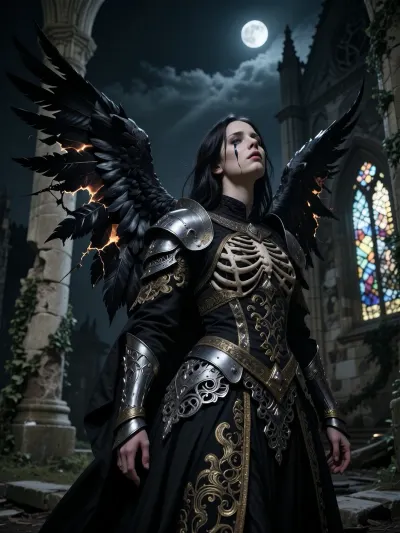A masterful, dark, and melancholic Gothic medium close-up portrait of a fallen black angel stands at the center of a ruined, roofless Gothic cathedral beneath a dramatic night sky. Her expression, both powerful and sorrowful, is pierced by a thin obsidian tear that runs down her pale cheek. Her massive, damaged wings reveal burnt, torn, charcoal-colored feathers and exposed bone structure. Her garments evoke faded grandeur, a brocade robe embroidered with tarnished gold and fragments of armor in corroded silver filigree. Her haunting, expressive gaze is slightly raised to the heavens. In the background, crumbling stone pillars are draped in ivy, and shattered stained-glass windows catch the pale moonlight. A dramatic chiaroscuro creates a striking contrast between the deep shadows and the moonlight illuminating her face. The anatomy of the face and body is impeccable, the focus is perfect, the cinematic texture is of high quality, with a wealth of detail in the stone and fabrics. The photograph was shot on 35mm film with deep blacks.