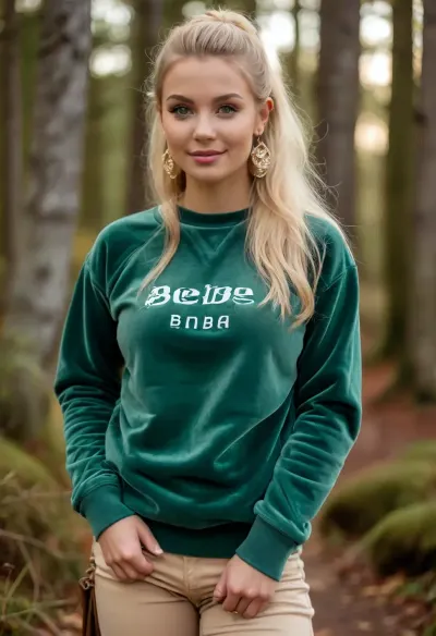 (masterpiece, best quality:1.2), 1 swedish 25yo woman, (wearing a moss green "bebe" branded velvet sweatshirt, braless, beige jodhuprs an riding boots, big earrings:1.5), bright ice blue eyes, (long white blonde hair, all hair combed back and tied tightly into a ponytail:1.2), (sporty body with heavy hanging natural boobs:1.4), she is outdoors in autumn swedish landscape, photorealism, beautiful sunset, smiling look, clothes, bustysophie, <lora:style_lora_realis:.5>, <lora:Detailed_female_hands-000001:.5>, <lora:bustysophie_xl_v1.1:.8>