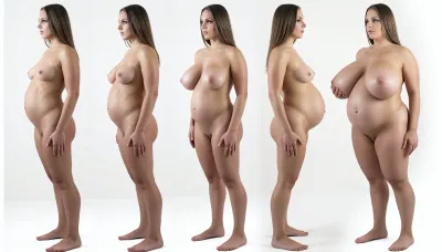 medical poster of a curvy woman standing up straight, viewed from the side, (showing body changes every monthly during a full pregnancy:1.5), ((woman is shown with a flat chest and belly, to the woman is shown at nine months pregnant with a huge pregnant belly and extreme large gigantomastia breasts:1.7)), full body, revealing unusually massive and large naked breasts, lecture, lexica, medical study, body worlds, detailed face, very detailed, sharp details, showing full body including face and feet