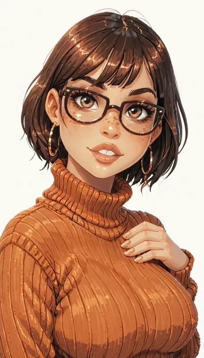 Velma dinkley, 1girl, upper body, hand on own shoulder, hoop earrings, from half-side, bob haircut, brown hair, jewelry, looking at the viewer, makeup, plumb lips, parted lips, teeth visible, perfect natural breasts, turtle neck sweater, thick glasses, seductive pose, futuristic-fantasy-anime, jack cayless, <lora:sd_xl_turbo_lora_v1-64dim:.8>, <lora:futureistic_fantasy_anime_sdxl_v1:.8>