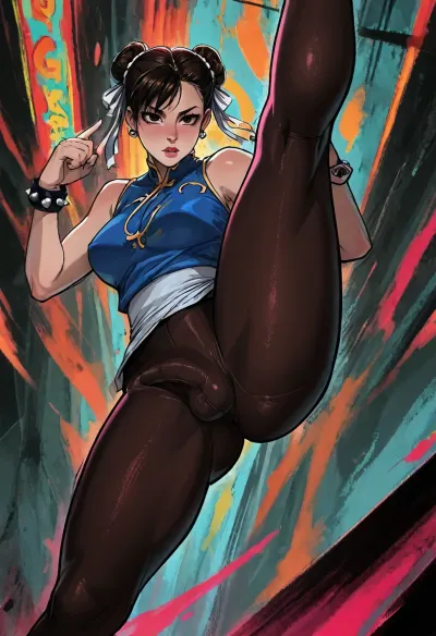 ((Melkor mancin meet markgavatino style)), (background psychedelic abstract), (reiq style), ratatatat74, (chun-li, futanari, thick thighs, fat ass, tights, kicking, cock bulge), solo, <lora:LCMTurboMix_Euler_A_fix:1.1>, <lora:ratatatat74-000050:1.1>, <lora:EnvyAnimeDigitalPaintingXL01:1.1>, <lora:SDXLSamDoesArts:1.1>, <lora:add-detail-xl:2>