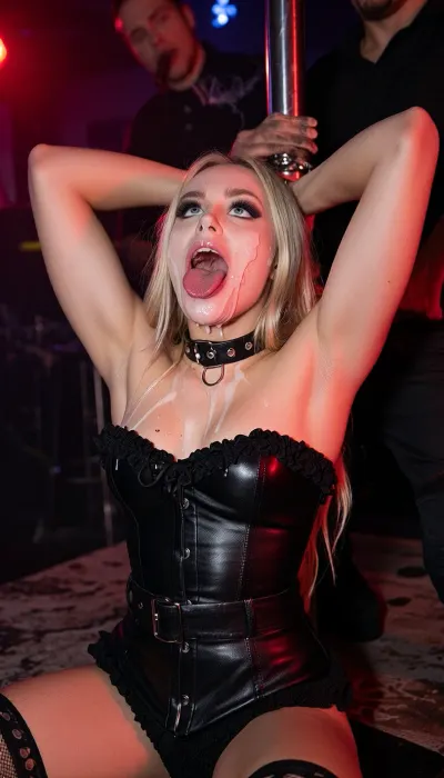 sign, "slave for sale", heavy leather collar, goth makeup, blonde, leather corset, silly face, reflective leather, bound to a pole in a dirty nightclub, red lights, screamin in agony, tied o a pole, hands tied behind her head, kneeling, open mouth, tongue out, cum on face, loads of cum, completly coverd, heavy facial, petite blonde, pale, long hair, cigar smoking men, smoke in the background, (smoking branding wound on skin:1.2)