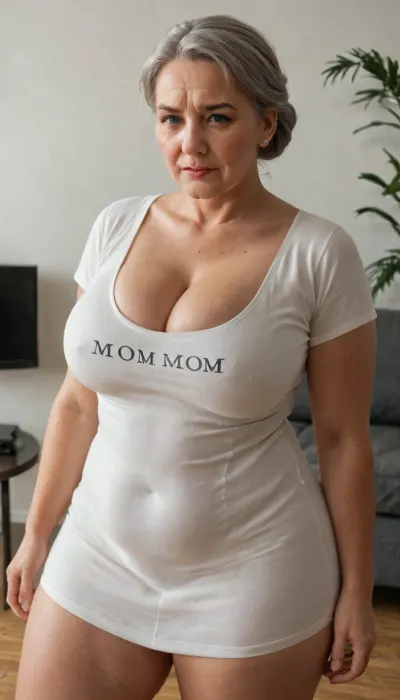 45 year old mom, (M.I.L.F), is at a casting couch trying out for a new porn movie. She is wearing a t-shirt dress that shows deep cleavage. She is standing showing her cleavage., ((45 years old)), ((45 year old mom)), ((big fat thighs)), ((gargantuan natural breast)), ((extremely detailed 45 year old mom)), ((extremely detailed)), ((extremely real)), ((4k quality)), ((she looks extremely embarrassed)), ((extremely detailed embarrassed face)), ((standing showing her cleavage)), ((t-shirt dress)), longnips, plump, skindentation, chubby, bbw, venus, body, big, breasts, ass, <lora:dAIversityUnderstandingXLRealistic:1.4>, <lora:breasts_slider_v10:1.1>, <lora:longnipsxl:2>, <lora:Chubby BBW - XL:1.2>