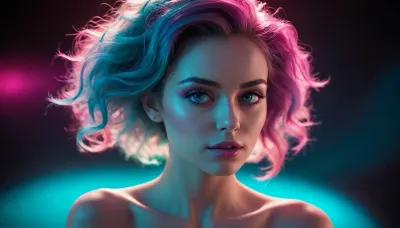 dark energy, intricate design, dark background, predominant pink tones, one woman silhouette, blacklight illumination, spot colors, very aesthetic, vibrant cyan hues. She has a pretty coquettish faded face, elaborate hairstyle, small breasts, detailed crystal eyes, light glowing irises, heartshaped lips, lip gloss, aroused skin, she exhales, dramatic sunset, long shadows, dreamy mood, detailed photo, photorealistic photo, realistic pretty women photo, night vision, soft fokus, parallax, overexposure. /KlTTY-ART/