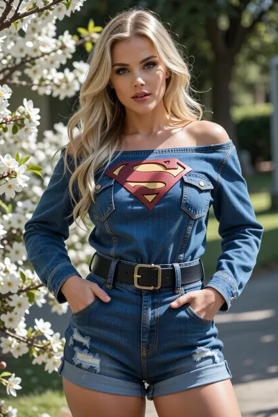 beautiful super girl in a trendy, stylish oversized denim jumpsuit with long sleeves, cinched at the waist with a black belt. Natural outdoor lighting, standing near blooming white flowers. Long blonde hair, voluminous styling, soft natural daylight, shallow depth of field, shot on iPhone 16, highly detailed, cinematic colors.