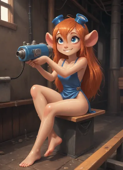 (Jack Cayless art style), Gadget Hackwrench mouse girl from Chip 'n Dale, rescue rangers, pretty eyes, smiling in ecstasy, feet, wet, intense orgasm, mechanics workbench, soft shadows