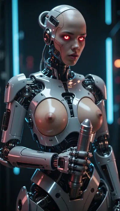 Humanoid Robot girl, perky human boobs, a-cup boobs, bald, no hair, giving handjob, machine fucking, machine dildo, cyber head, red neon eye.