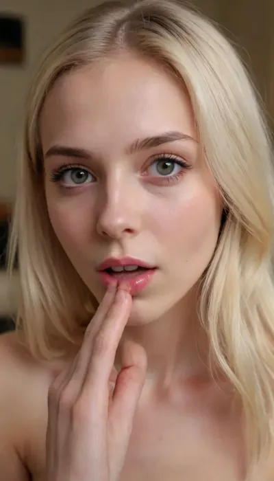 pov, (warm diffused light), (spectacular), 18-year-old skinny girl with platinum blonde hair, Beautiful, Realistic, deep throat to viewer's real big penis, explicit, real porn