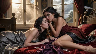 Lenore Delacier and Valessia Montreux together in the quiet morning light of Lenore’s private chambers within House Delacier, emotionally intimate sapphic gothic fantasy romance, the morning after finally allowing themselves to be together after months of longing, tension, flirtation and restraint

Lenore Delacier, graceful feminine aasimar noblewoman with pale porcelain skin, long dark brown hair loose and slightly tousled from sleep, striking silver-gray eyes softened by peace and vulnerability, delicate aristocratic features no longer hidden behind perfect composure, wrapped loosely in soft charcoal silk sheets and blankets

Valessia Montreux, tall athletic feminine human noblewoman with dark wavy hair falling freely around her face, vivid green eyes warm with affection and quiet wonder, strong elegant feminine features softened by genuine happiness, partially wrapped in deep crimson blankets and dark silk bed linens

the two women lying close together beneath rumpled sheets on an elegant gothic four-poster bed, foreheads touching, sharing a gentle lingering morning kiss, one hand resting softly against the other's cheek, visible comfort and trust between them, neither wanting to break the moment

golden morning sunlight filtering through tall rain-streaked gothic windows, illuminating drifting dust motes and silver highlights throughout the room, warm light contrasting with the storm clouds still lingering beyond the glass

their discarded noble clothing scattered carelessly across the room, crimson velvet, deep violet silk and jewelry left where they fell the night before, subtle visual suggestion that neither woman had wanted to spend another moment apart

Coris the silver-gray nightingale perched quietly upon the bedpost nearby, watching with calm familiarity

the atmosphere should feel tender, peaceful, deeply romantic and emotionally fulfilling, the culmination of months of attraction, trust and growing affection, a rare moment where neither woman needs armor, titles or masks

cinematic dark fantasy realism, ultra detailed textures, warm morning light, gothic elegance, emotionally powerful sapphic romance between two women, masterpiece quality, clearly female characters, no men, no masculine features