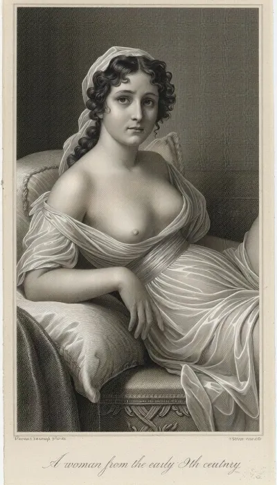 An early 19th-century strict black and white ink line engraving, pure grayscale print with no color hints. A portrait from the waist up of a beautiful French woman from the First Empire era, lounging in a relaxed, reclined pose on a classic Roman-style daybed, inspired by Madame Récamier. She possesses an exquisitely beautiful face, soft refined features, and large, sorrowful eyes. Her thick dark hair cascades in elegant classical curls from beneath her bonnet. She wears a lightweight, translucent early 19th-century French tunic dress, with a very high waistline stitched directly under the bust according to Empire fashion, the soft fabric has gently slipped, leaving one breast naturally exposed in a classic artistic manner. Her posture is soft and slouched. At the bottom center, the title "A woman from the early 19th century." is elegantly engraved in cursive script. Antique copperplate print with fine cross-hatching on a single piece of aged, off-white paper. Single unified image frame, no duplication, 4k.