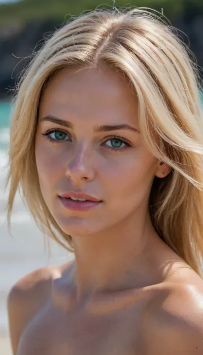 Woman, One, Wide jaw, Sharp nose, 2D, John Berkey, Model pose, Blonde hair, Beach, Naked, Tunic, 30 Years old, Mechanical, Tanned skin, Oiled skin, White, European, German, Laurie Greasley, Cute face, Piercing, Fit, Medium hair, Kinky hair, Messy hair, Straight hair, Posuka Demizu, Seductive smirk, Green eye color, Closeup Portrait, Skinny, Marvel style, Sketch lines, Realism, Fairy