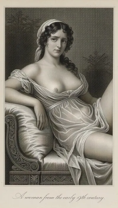 An early 19th-century strict black and white ink line engraving, pure grayscale print with no color hints. A portrait from the waist up of a beautiful French woman from the First Empire era, lounging in a relaxed, reclined pose on a classic Roman-style daybed, inspired by Madame Récamier. She possesses an exquisitely beautiful face, soft refined features, and large, sorrowful eyes. Her thick dark hair cascades in elegant classical curls from beneath her bonnet. She wears a lightweight, translucent early 19th-century French tunic dress, with a very high waistline stitched directly under the bust according to Empire fashion, the soft fabric has gently slipped, leaving one breast naturally exposed in a classic artistic manner. Her posture is soft and slouched. At the bottom center, the title "A woman from the early 19th century." is elegantly engraved in cursive script. Antique copperplate print with fine cross-hatching on a single piece of aged, off-white paper. Single unified image frame, no duplication, 4k.