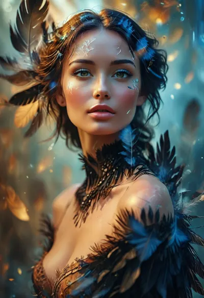 fullbody, A double-exposure illustration in which a belle woman face is overlaid with raven feathers, blending human features with skin elements, /KlTTYART/, <lora:COMFYUI_mimic_landscape_-_XL_SDXL v2.0:.5>, <lora:attractive_notrigger:.5>, <lora:PerfectEyesXL:.1>, <lora:MJ52:1>