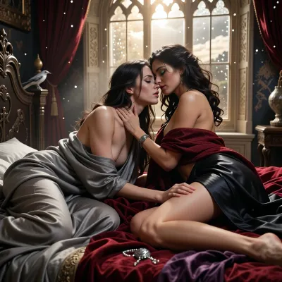 Lenore Delacier and Valessia Montreux together in the quiet morning light of Lenore’s private chambers within House Delacier, emotionally intimate sapphic gothic fantasy romance, the morning after finally allowing themselves to be together after months of longing, tension, flirtation and restraint

Lenore Delacier, graceful feminine aasimar noblewoman with pale porcelain skin, long dark brown hair loose and slightly tousled from sleep, striking silver-gray eyes softened by peace and vulnerability, delicate aristocratic features no longer hidden behind perfect composure, wrapped loosely in soft charcoal silk sheets and blankets

Valessia Montreux, tall athletic feminine human noblewoman with dark wavy hair falling freely around her face, vivid green eyes warm with affection and quiet wonder, strong elegant feminine features softened by genuine happiness, partially wrapped in deep crimson blankets and dark silk bed linens

the two women lying close together beneath rumpled sheets on an elegant gothic four-poster bed, foreheads touching, sharing a gentle lingering morning kiss, one hand resting softly against the other's cheek, visible comfort and trust between them, neither wanting to break the moment

golden morning sunlight filtering through tall rain-streaked gothic windows, illuminating drifting dust motes and silver highlights throughout the room, warm light contrasting with the storm clouds still lingering beyond the glass

their discarded noble clothing scattered carelessly across the room, crimson velvet, deep violet silk and jewelry left where they fell the night before, subtle visual suggestion that neither woman had wanted to spend another moment apart

Coris the silver-gray nightingale perched quietly upon the bedpost nearby, watching with calm familiarity

the atmosphere should feel tender, peaceful, deeply romantic and emotionally fulfilling, the culmination of months of attraction, trust and growing affection, a rare moment where neither woman needs armor, titles or masks

cinematic dark fantasy realism, ultra detailed textures, warm morning light, gothic elegance, emotionally powerful sapphic romance between two women, masterpiece quality, clearly female characters, no men, no masculine features
