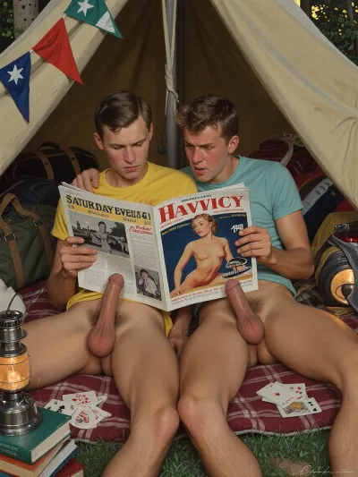Norman Rockwell-inspired oil painting, imagined as a 1950s Saturday Evening Post inspired. Inside a canvas camping tent during a summer fraternity retreat, two college-aged fraternity brothers sit shoulder-to-shoulder on sleeping bags beneath the warm glow of a lantern. Wearing t-shirts and underwear pulled down revealing erect penis, the men are masterbating their own penis, the tent is cluttered with duffel bags, fishing gear, playing cards, pennants, textbooks, and camping supplies, creating the feeling of a genuine collegiate adventure.

The young men are holding open a large vintage men's magazine directly between them. The magazine is opened to its colorful centerfold featuring a glamorous 1950s pin-up model posed in the style of classic mid-century magazine illustrations. The centerfold occupies the visual center of the composition and immediately explains the scene to the viewer.

The humor comes entirely from the men's reactions. One fraternity brother tries to maintain a serious expression while clearly studying the image much too carefully. The other attempts to appear unimpressed but is obviously fascinated. Their expressions reveal a mixture of curiosity, embarrassment, and youthful bravado.

The composition emphasizes faces, expressions, and body language rather than the magazine itself. The centerfold acts as a storytelling device that drives the interaction between the two friends. The atmosphere is warm, nostalgic, and gently humorous.

Authentic Norman Rockwell oil painting techniques, visible brushwork, expressive faces, realistic anatomy, warm lantern light, rich storytelling details, nostalgic Americana, museum-quality illustration, classic Saturday Evening Post cover composition, character-driven narrative, subtle humor, focus on friendship and youthful curiosity, minimal environmental rendering beyond what is necessary to tell the story.