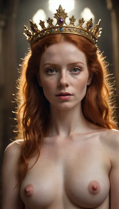 Ultrarealistic Photography of an ancient English redhead Queen naked