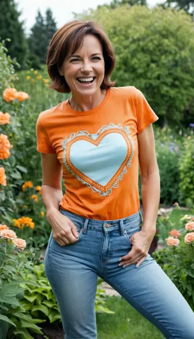 n 48-year-old girl, short brown hair, orange t-shirt, light blue jeans, poses in the garden, laughing, provocative, horny, flat chest.