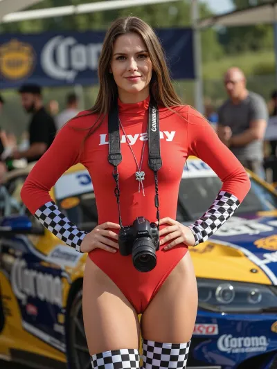 A confident woman stands in a medium shot, positioned slightly off-center, with her hands on her hips in a poised, self-assured pose. She has long, straight brown hair and fair skin, with a direct, engaging gaze toward the camera. She wears a tight-fitting, vibrant red one-piece racing suit with black-and-white checkered patterns on the sleeves and legs, and the name "Luyany" written vertically in white on the chest. The firm-fitting suit accentuate her figure, so that her female cameltoe and her erect nipples are well visible behind the fabric. A Canon DSLR camera hangs around her neck on a black strap, with a decorative owl-shaped pendant on a silver chain. Her expression is calm and slightly smiling. The background is a blurred outdoor event setting, likely a motorsport venue, with a yellow and blue race car, a "Corona" banner, and other people visible. The lighting is bright, natural daylight, highlighting the vivid colors and creating a lively atmosphere. The image has a high-resolution, realistic photographic style with sharp focus on the subject and a shallow depth of field, emphasizing her as the central figure.