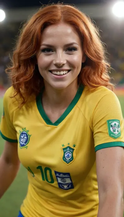 Female Brazilian soccer player, She's wearing the Brazilian national team uniform. redhead, ginger, muscular body, big butt, big breasts, hairy pussy, smiling. Having sex with a guy with a big, thick penis.