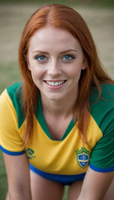 Female Brazilian soccer player, Big blue eyes, She's wearing the Brazilian national team uniform. redhead, Straight hair, ginger, muscular body, big butt, big breasts, hairy pussy, smiling. Having sex with a guy with a big, thick penis.