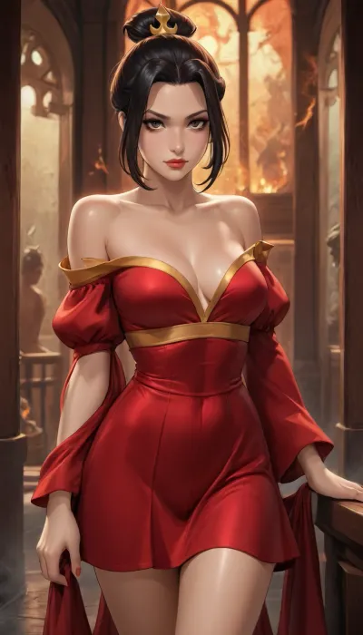 fire bender, young azula, reiq, youthful, fireballs, inferno, hot body, sexy, off shoulder, cleavage, hot skirt, revealing dress