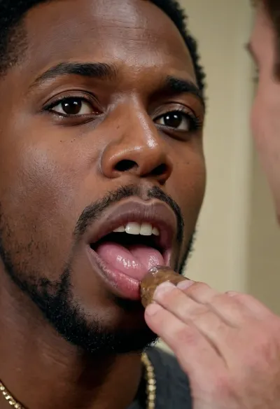 A handsome black man cums in his mouth from a big cock, <lora:Gay_gloryhole:.8>
