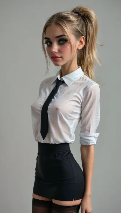 (((young))), (18 yo:1.3), (eyes wide open, big lips), (seductive face:1.2), (mouth opened), (big black long eyelashes), (erected nipples:1), (happy eyes), (blushing:1.2), ((white g-strings:1.4)), (skinny body:1.1), (black pencil micro skirt:1.5), (narrow waist:1.6), ((black tight stockings with garters:1.3)), (blonde straight ponytail), (portrait view:1.5), slutty clothes, slim hourglass body, (side view), ((big hanging perky tits:1.2)), (athletic body:1.7), horny face, attractive body, (black makeup:1.5), (blue eyes), (big perky boobs:1.5), (view from side:1.7), ((black tie:1.3)), ((white transparent work shirt:1.8)), (transparent shirt:1.8), (sideboobs), (sweaty skin:1.4), (skin texture), skinny, perfect skin, beautiful face, ultra high details, hdr, natural tits, (standing:1.7), toned body, vivid colors, Stable-Yogis-Makeup-Enhancer-XL, detailxl, detailed eyes, movie, still, film, cinematic, shot, lighting, macro, 35mm, ((chiaroscuro lighting:1.4)), breasts, silhouette, <lora:DetailedEyes_V3:2>, <lora:AdvancedEnhancerXLv2:2>, <lora:style_lora_realis:2>, <lora:breasts silhouette XL:1.8>
