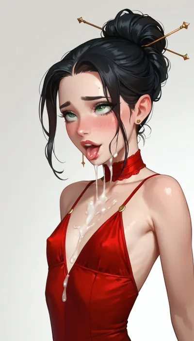 Cute girl, elegant face, high cheekbones, slim, very skinny, sexy red dress, extreme blush, Camgirl, thick lips, emerald green eyes, slim face, black hair, hair tied back, pleading expression, Orgasm expression, climax, ahegao, raised eyebrows, side view, excessive cum, small cock, short cock, <lora:MJ52:.8>