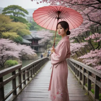 A beautiful young Japanese woman with an umbrella on a bridge in blooming Kyoto