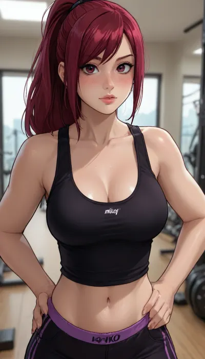 ((Melkor mancin meet gavatino style)), reiq style, Solo, Milf, Erza Scarlet from Fairy Tail, (at gym), bimbo body, wearing black tank top, and purple hipster panties, very large perky breasts, hands on hips, flirty, (intense blushing)