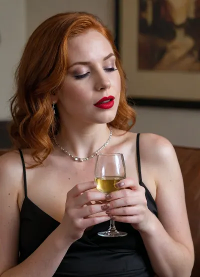 (A woman performs fellatio while holding a glass of white wine), (redhead hair), (closed eyes), (red lipstick), (smokey eye makeup), (black dress with spaghetti straps), (silver necklace), perfect hands, french manicure, soft lighting, sharp focus, high detail, realistic photography, (cozy indoor setting), (brown sofa in background), (natural light)