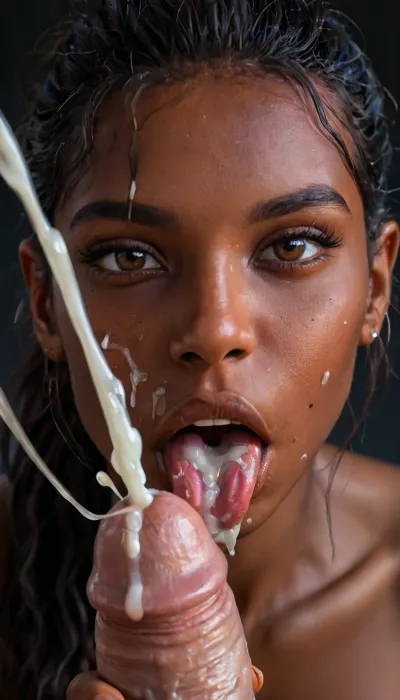 18yo girl, nude, jamaican, (beautiful face), black hair, long hair, (ponytail:1.3), brown eyes, (looking at viewer:1.2), (close up view of tongue licking tip of penis:1.2), (close up view:1.4), (lust:1.2), open mouth, (ejaculation:1.4), excessive cum, (cum spraying up:1.3), (dark background:1.4), (backlight, halo), (penis grab), (large breasts:1.4), melanin, <lora:melanin-XL:.8>